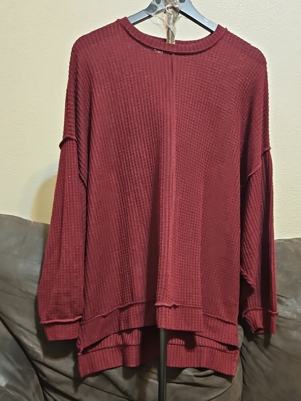 Zenana Outfitters Burgundy Waffle Knit Scoop Crew Sweater